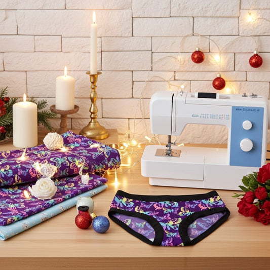 Sewing machine on a table with patterned fabric and purple MTF trans underwear, decorated room in the background.