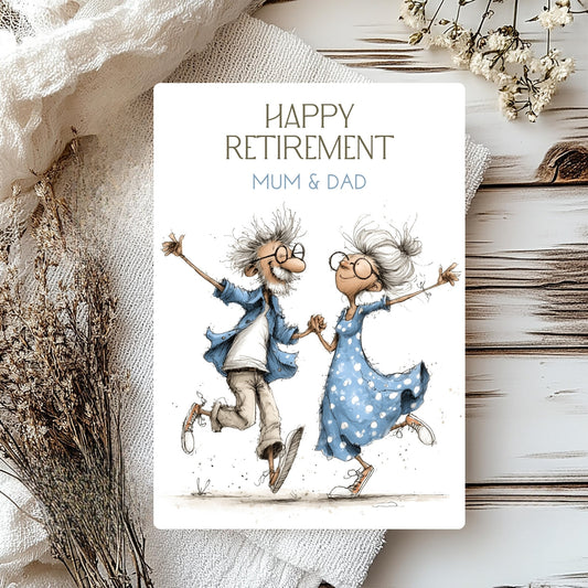 Happy Retirement card with cartoon illustration of an elderly couple on a wooden surface with decorative elements.