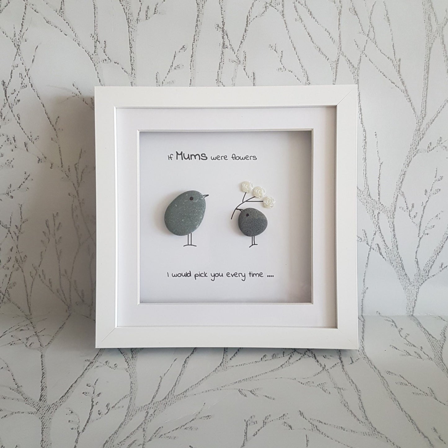 Lovely mothers day gift of a pebble art frame with pebble birds and custom text.