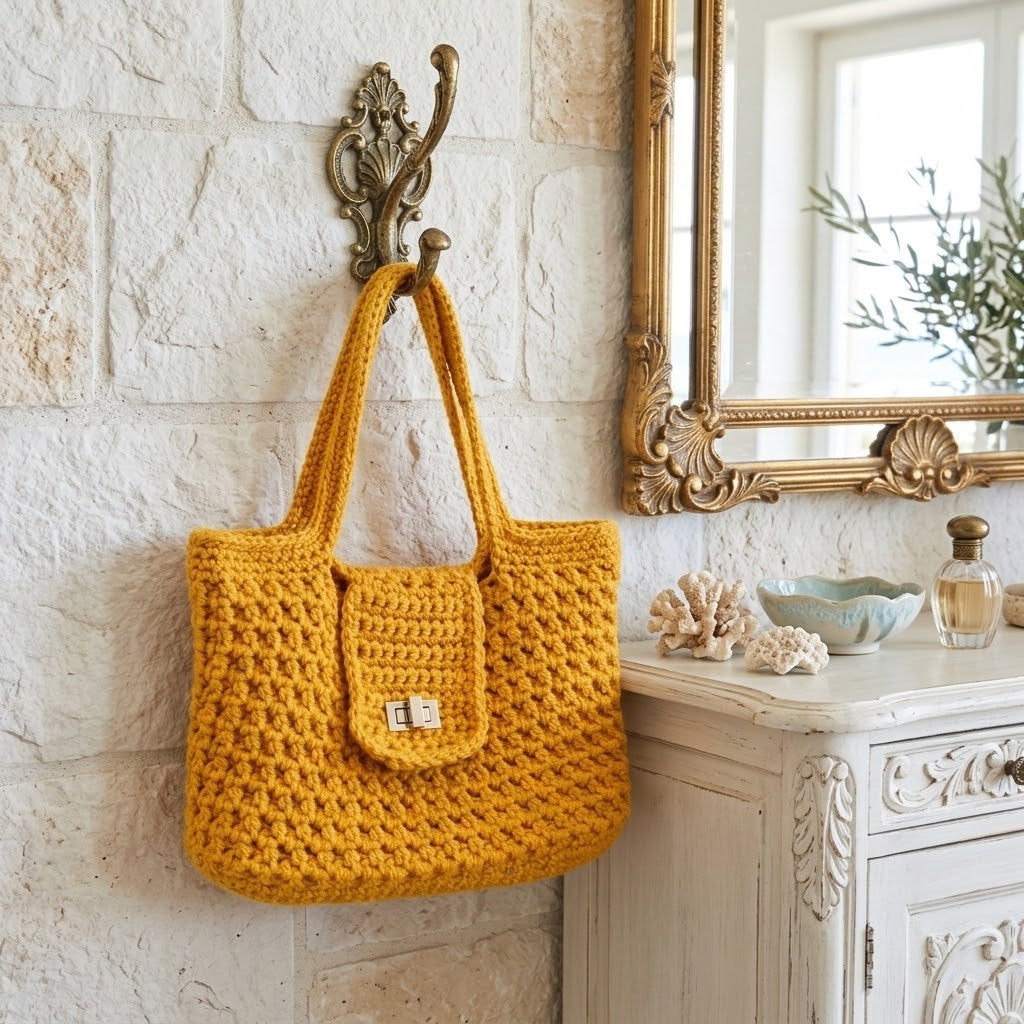 A mustard yellow crocheted tote bag with long handles and a front pocket hangs from an ornate brass hook on a light stone wall, next to a white cabinet and gold mirror.