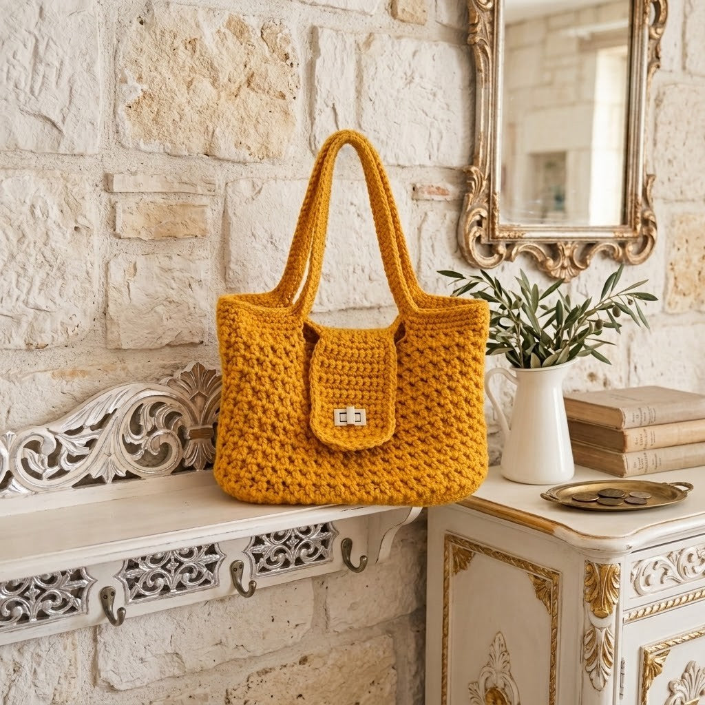 A mustard yellow crocheted tote bag with double shoulder straps and a front pocket, displayed on an ornate white console table against a rustic stone wall.