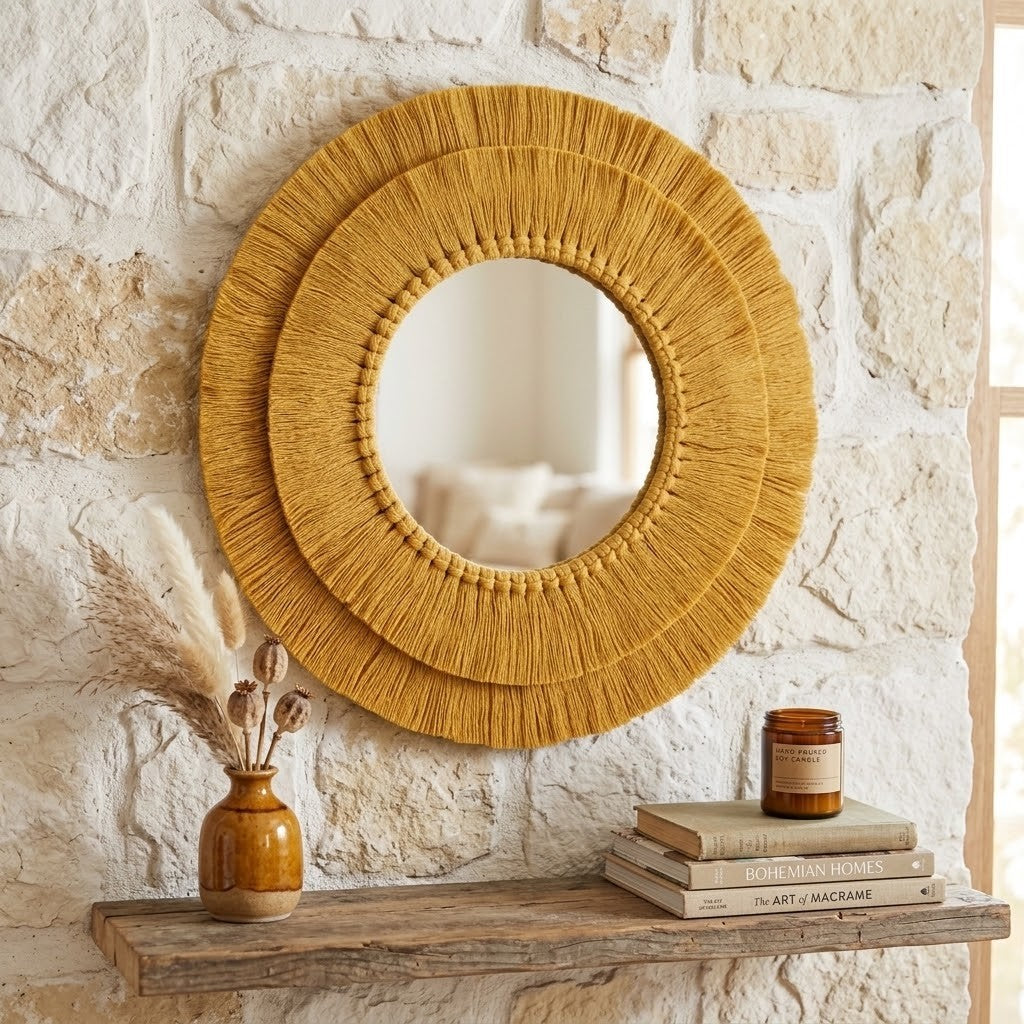 Round woven macrame mirror with a tiered fringe border, mounted on a rustic white stone wall above a wooden shelf with decorative items.