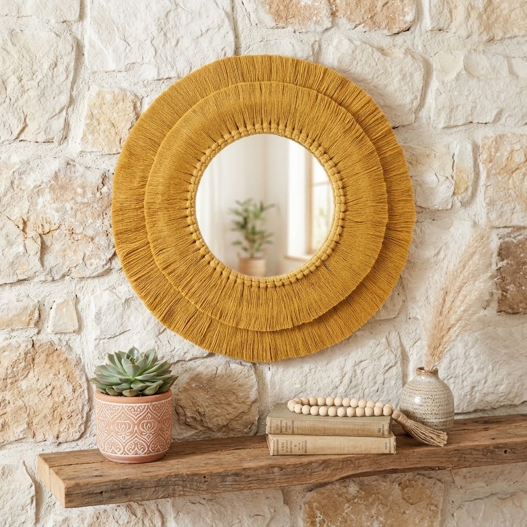 Round bohemian-style wall mirror with a wide, layered mustard yellow woven fringe border, mounted on a rustic stone wall above a wooden shelf with decorative items.
