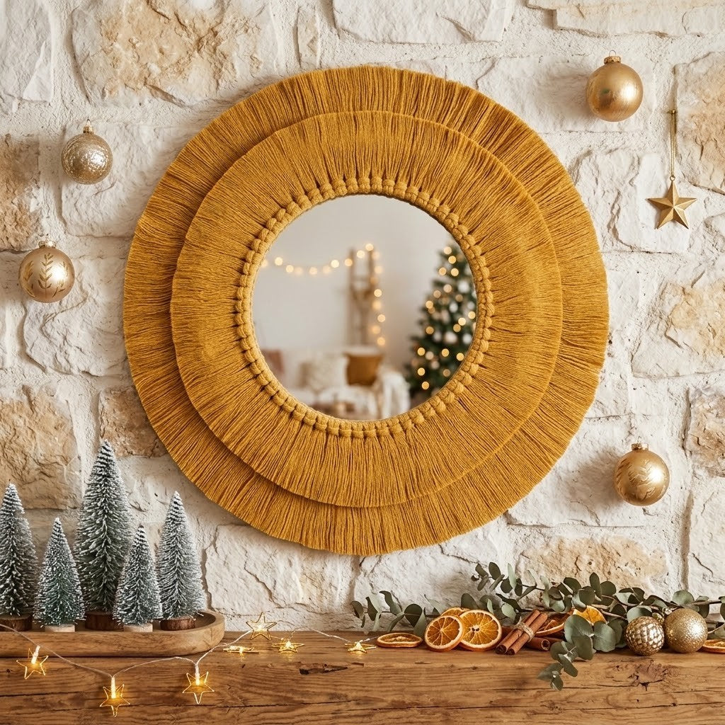 A round decorative macrame wall mirror with a wide, tiered ruffled frame in a warm mustard-gold tone, styled on a rustic wooden mantel against a white stone wall with holiday decorations.