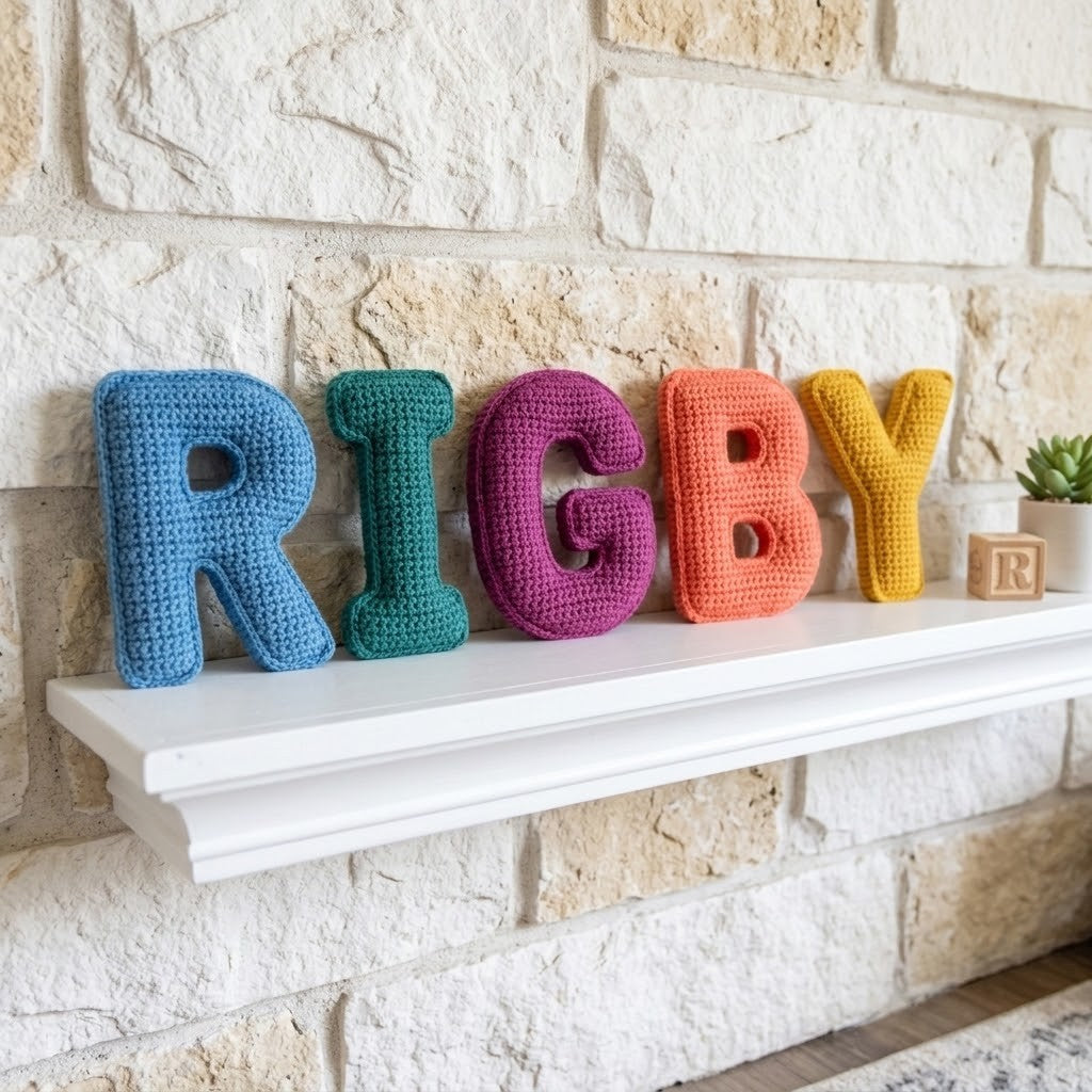 Crocheted letter decor spelling 'RIGBY' in blue, teal, purple, orange, and yellow, displayed on a white mantel against a light stone brick wall.