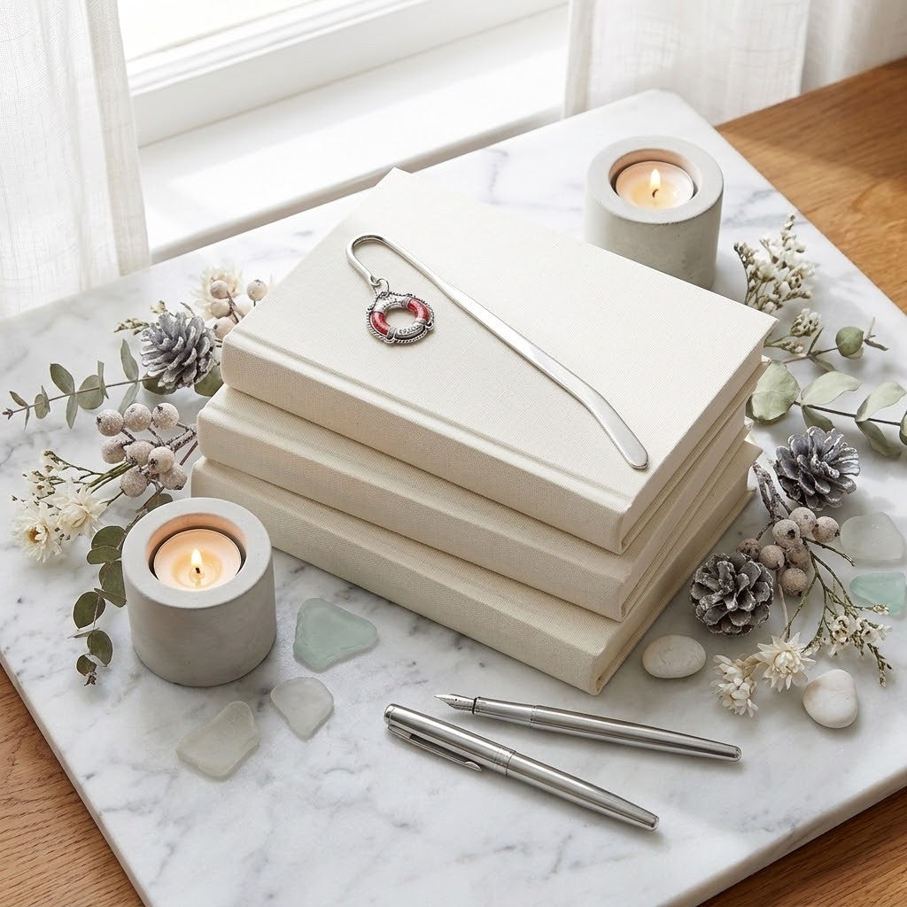 A stack of cream-coloured hardcover books on a white marble tray, styled with silver pens, a silver bookmark, and small lit candles with dried flowers and pinecones.