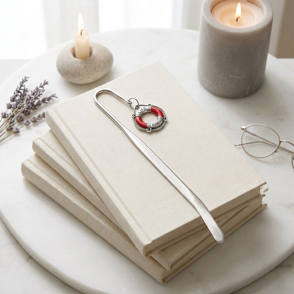 A silver metal bookmark shaped like a life preserver resting on a stack of cream-coloured hardcover books on a white marble tray. The scene is styled with lit candles, lavender sprigs, and eyeglasses in the background.