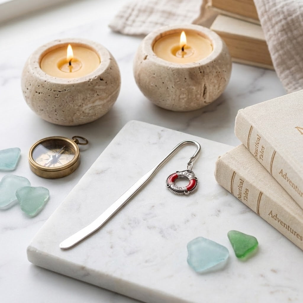 A silver metal bookmark shaped like a life preserver with a red and white striped ring, displayed on a white marble slate alongside a silver metal tweezor, two lit stone tealight candles, sea glass, a brass compass, and books.