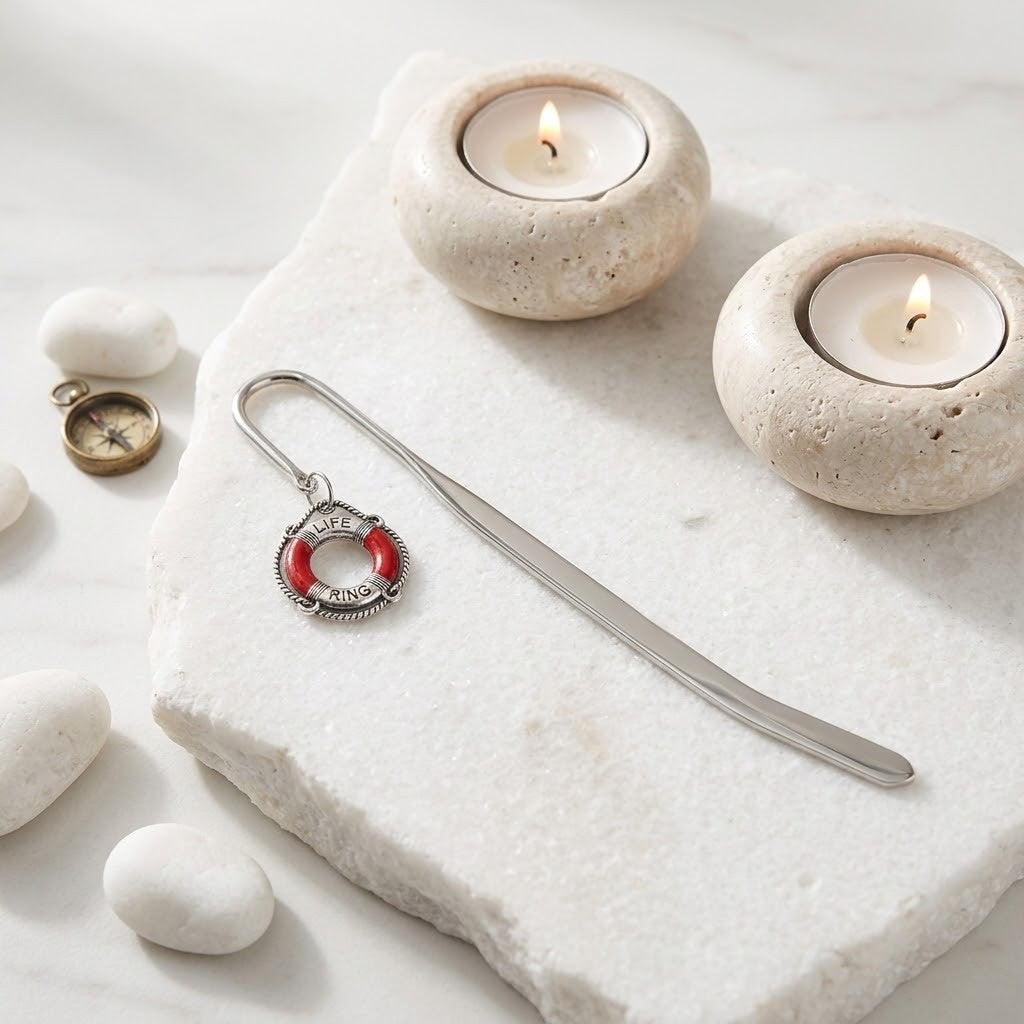 A silver metal bookmark with a red life preserver charm displayed on a white stone slab alongside two lit tealight candles, white stones, and a small brass compass.