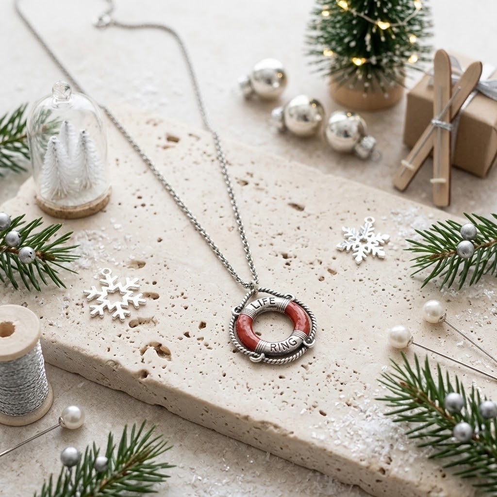 A silver pendant necklace with a circular red and white marbled centre, displayed on a textured stone slab with Christmas decorations including pine branches, silver ornaments, and a small tree.
