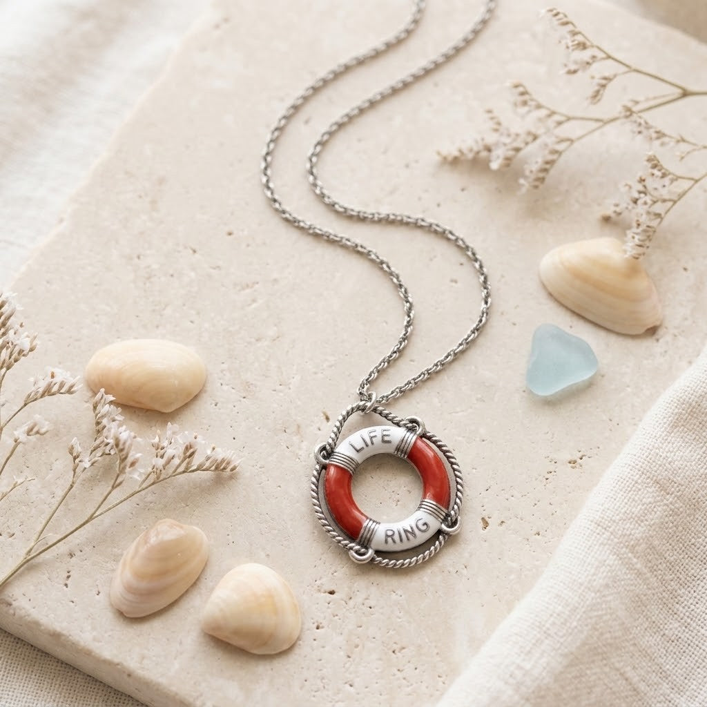 A silver chain necklace with a life preserver pendant featuring red enamel and the words 'LIFE A RING' in silver, styled on a beige stone slab with seashells and dried flowers.