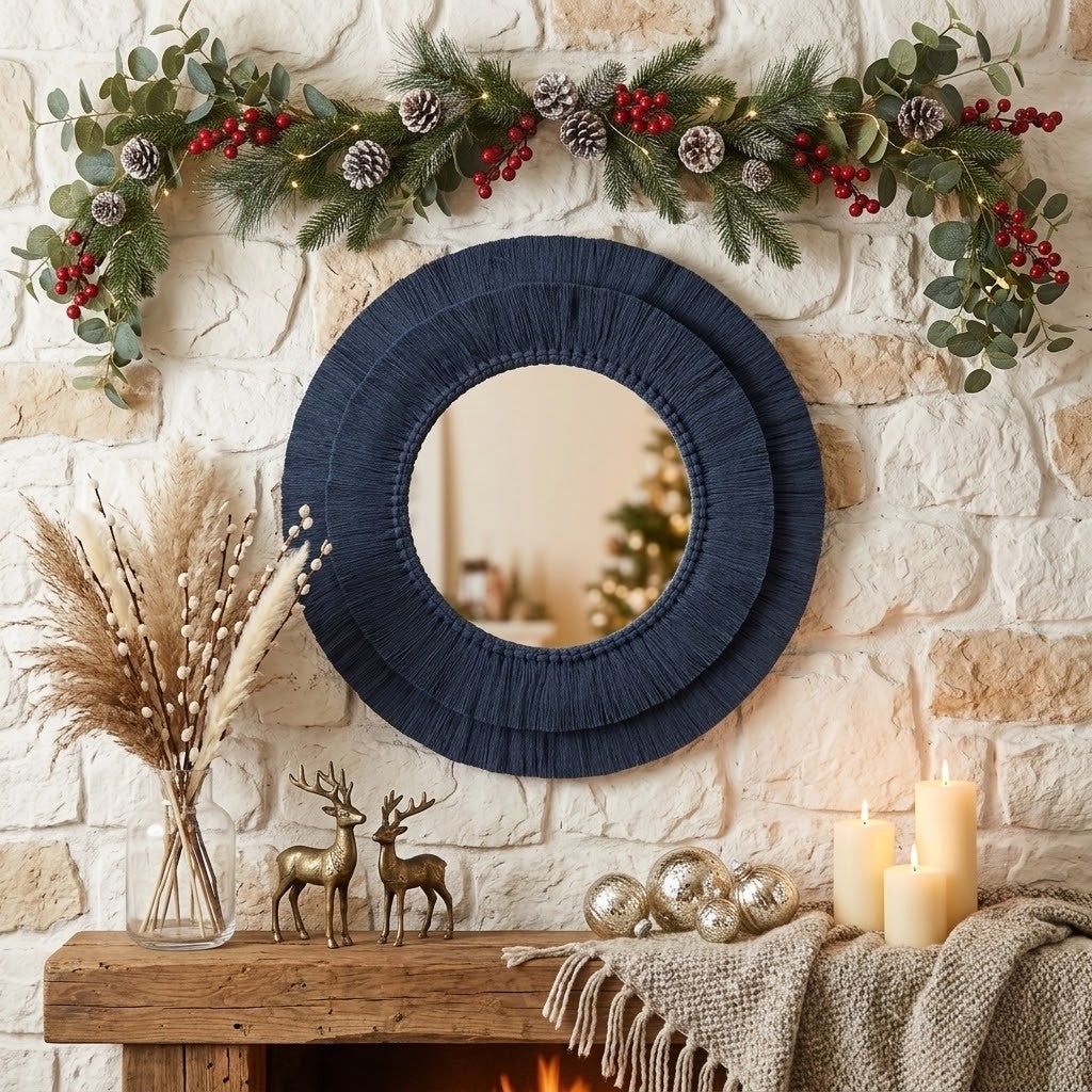 A round decorative macrame wall mirror with a wide, textured navy blue frame hangs on a light stone wall above a fireplace mantel. The scene is styled with a green garland with red berries and pinecones across the top, a vase of dried grasses, two small deer figurines, silver ornaments, and lit candles on a knitted throw blanket.