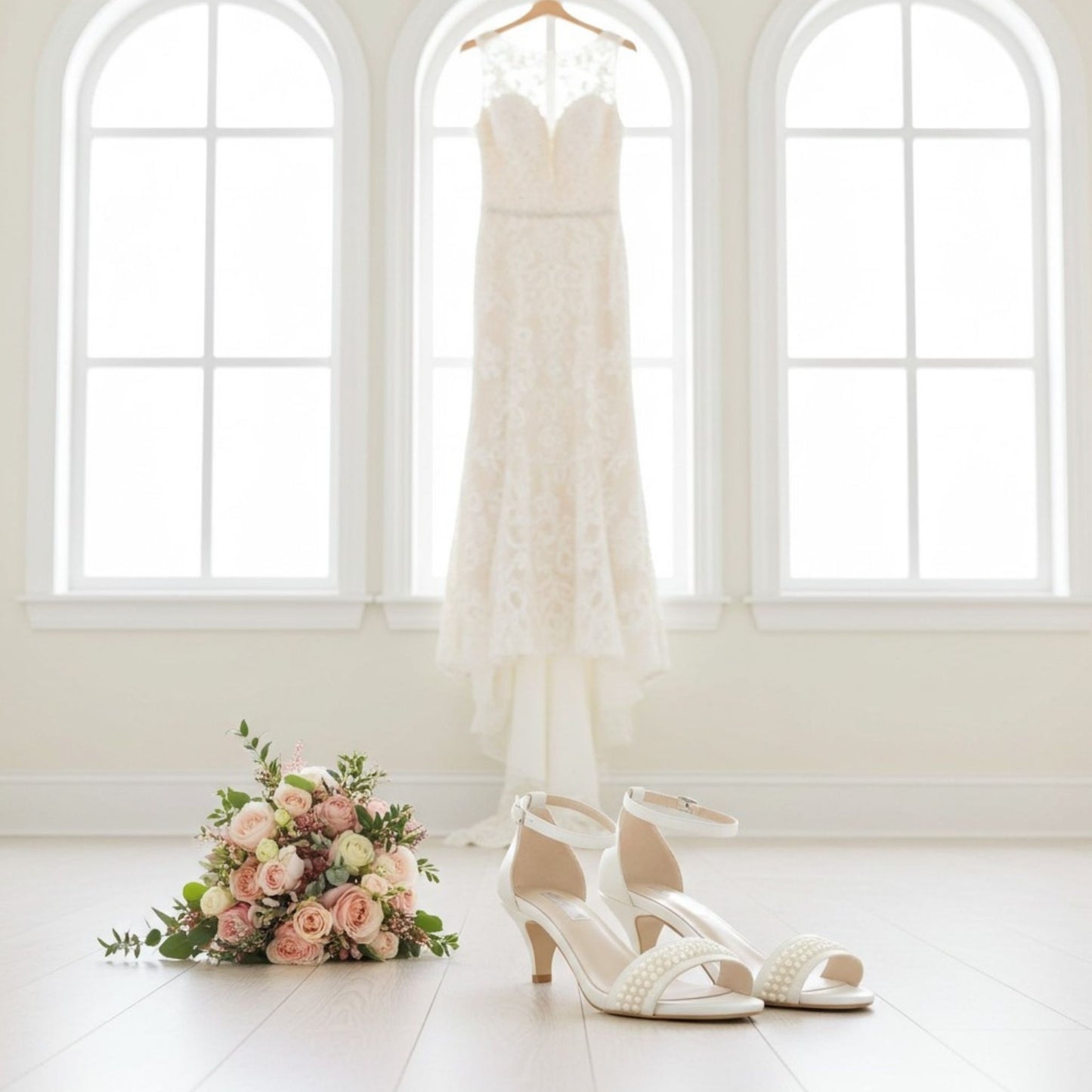 White wedding dress hanging, ivory bridal shoes, and bouquet on a light wooden floor with large windows in the background.