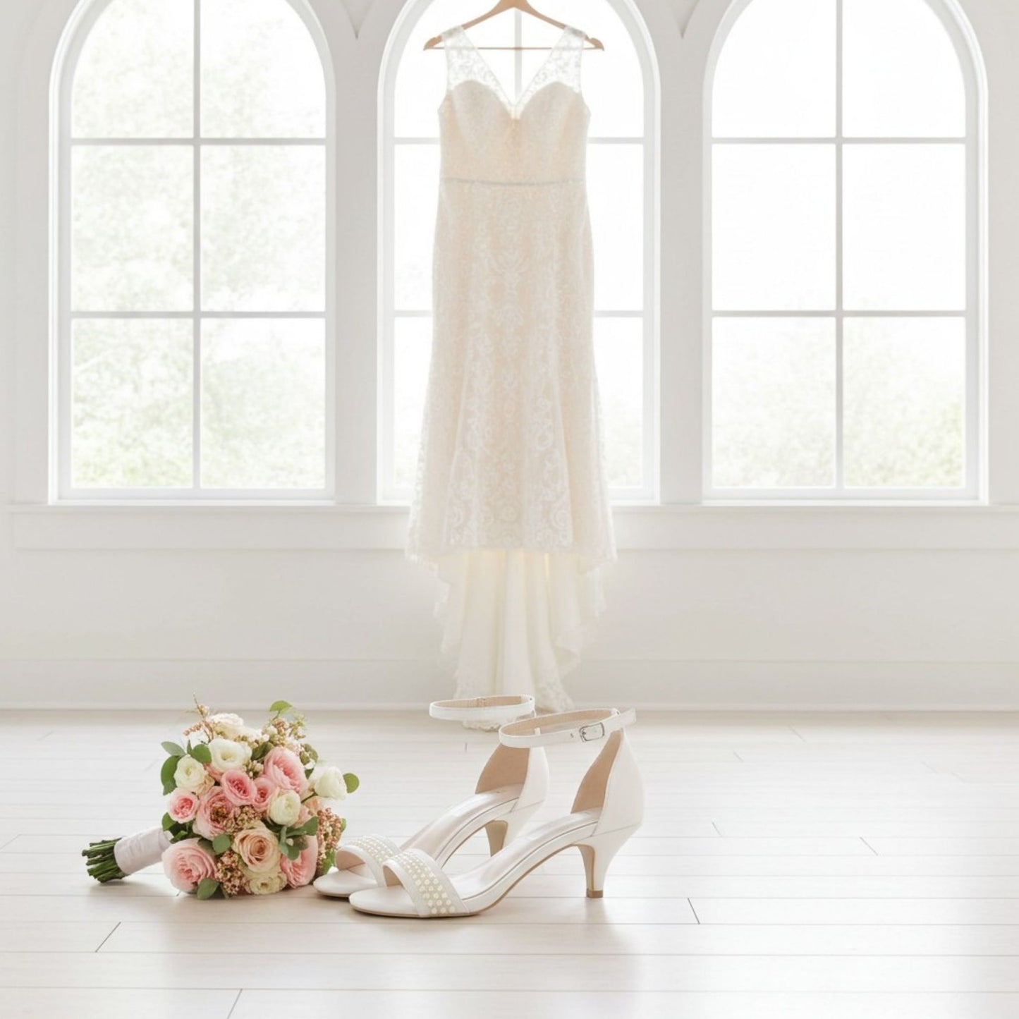 White wedding dress, shoes, and bouquet on a white floor with large windows.