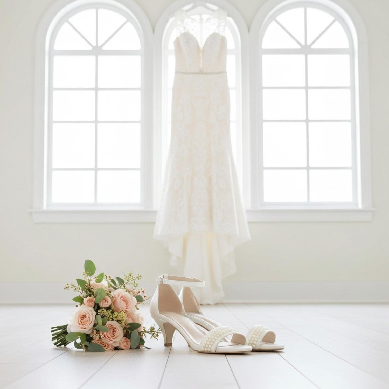 Bride's wedding dress, open-toe wedding shoes, and bouquet on a white wooden floor with large windows in the background.