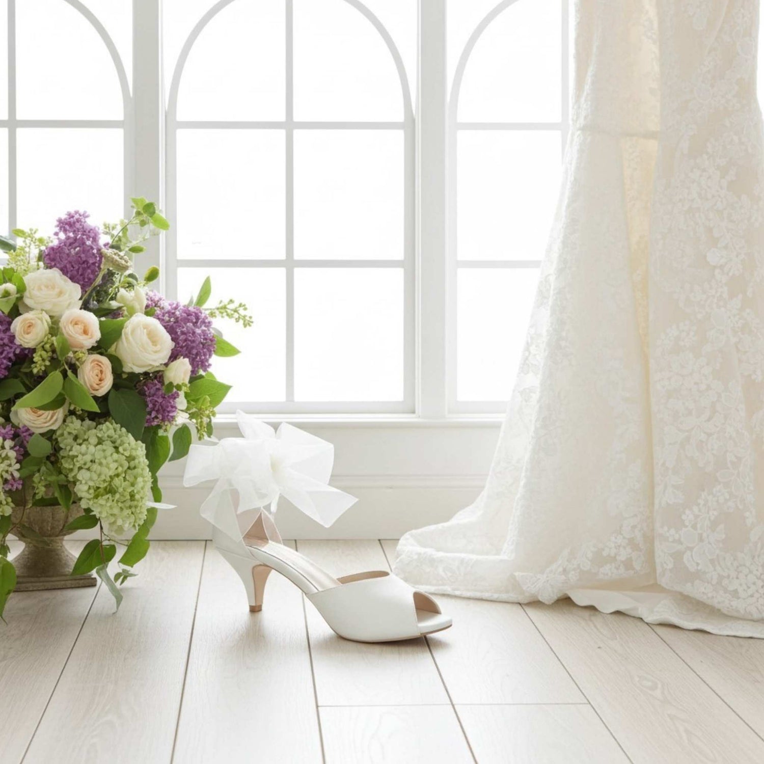 Ivory wedding shoe with a bow next to a bouquet of flowers on a light wooden floor.