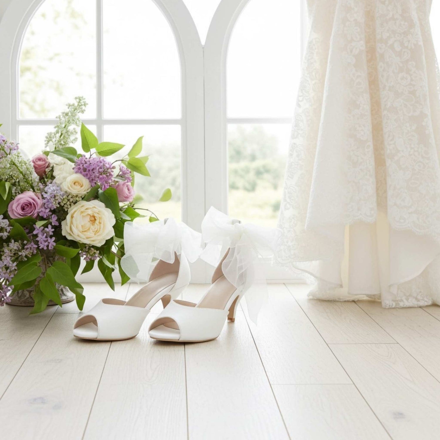 Ivory wedding shoes with large bows next to a bouquet of flowers on a light wooden floor.