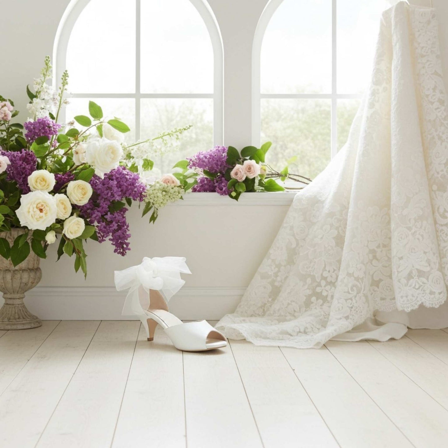 Ivory peep toe bridal shoes with kitten heel and floral display and bridal gown