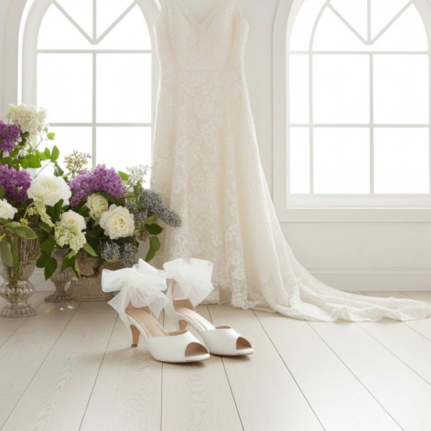 Ivory kitten heel wedding shoes with a bow, placed on a light wooden floor with a floral arrangement and white lace curtain in the background.