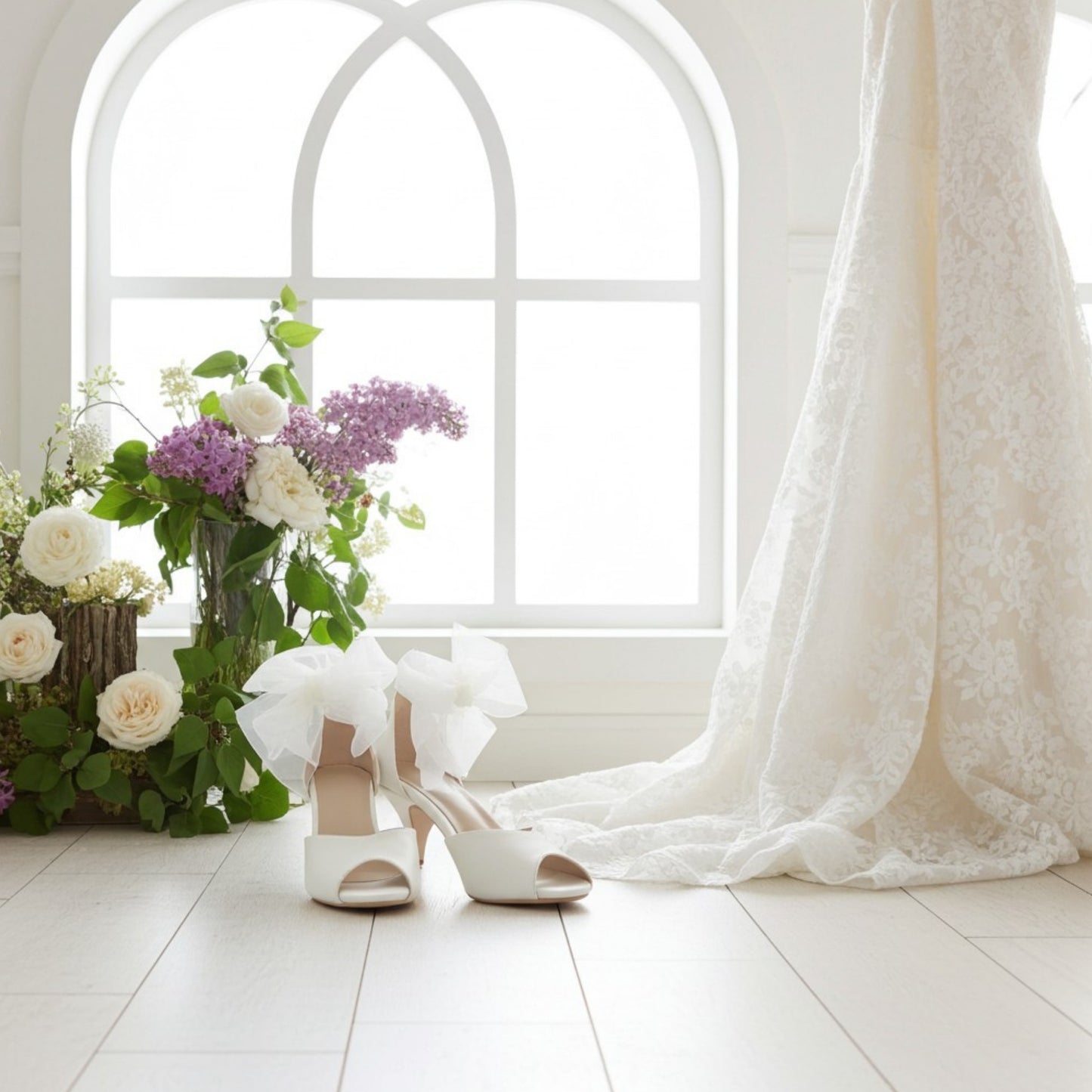 Ivory mid-heeled shoes with ribbons on a white floor next to a window and floral arrangement.