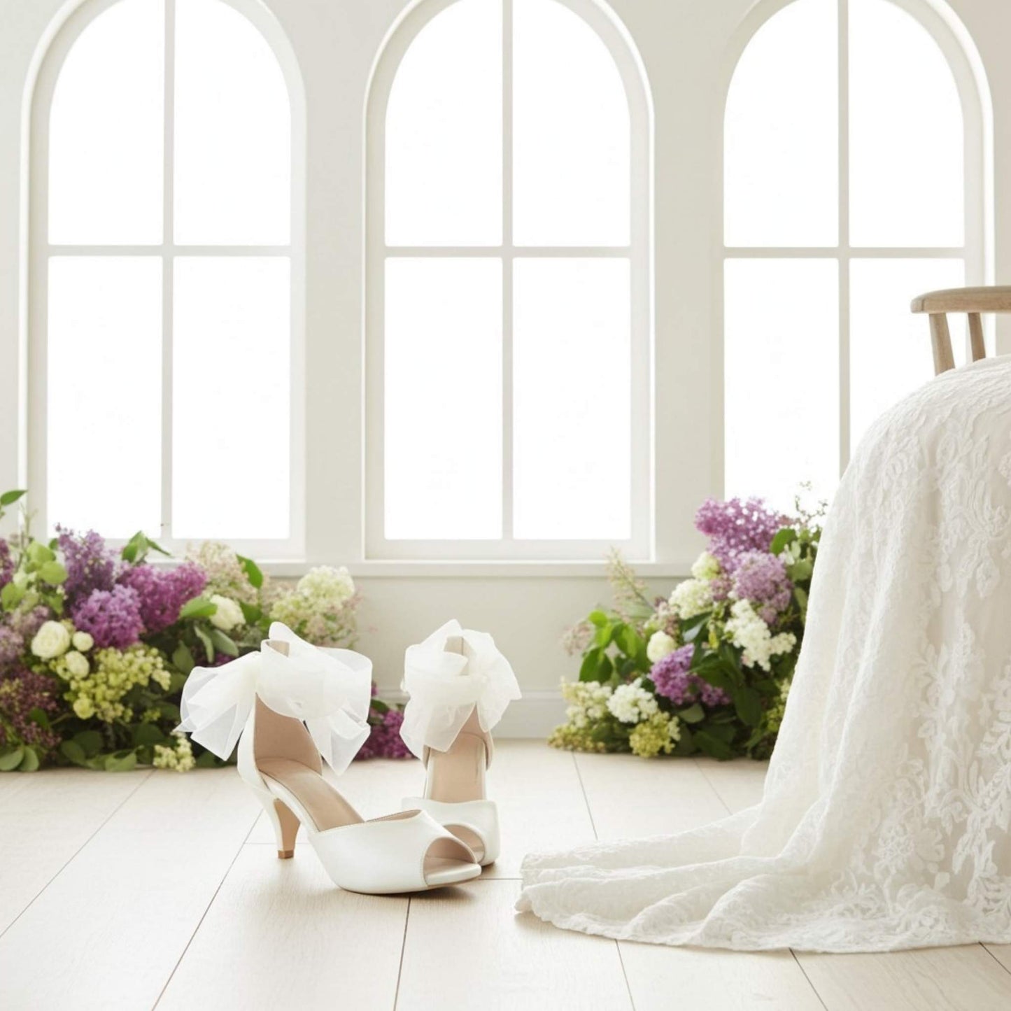 Ivory low-heeled bridal shoes with large bows on a light wooden floor with flowers and a white curtain in the background.