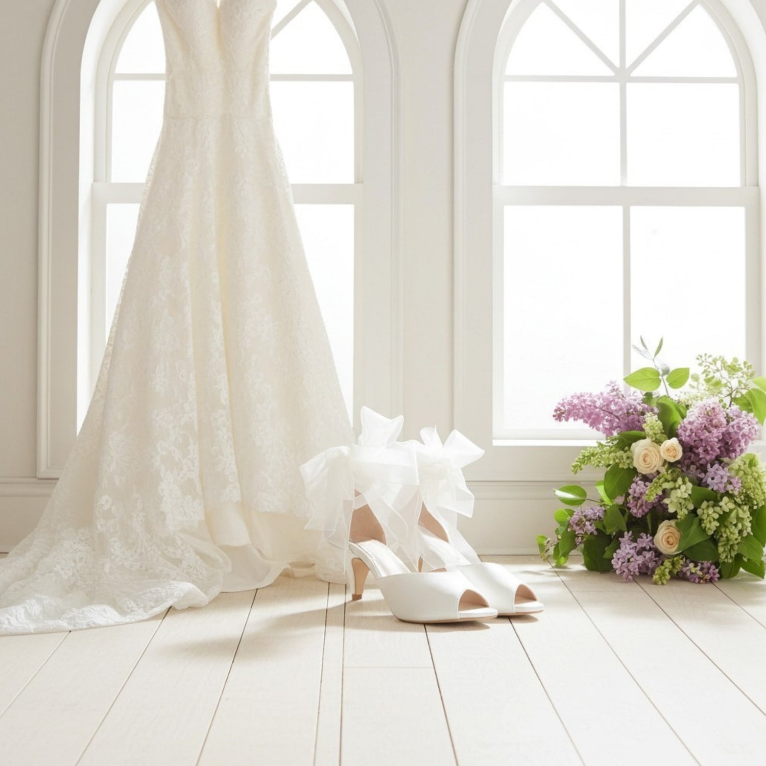 White wedding dress with peep toe wedding shoes and flowers on a light wooden floor.