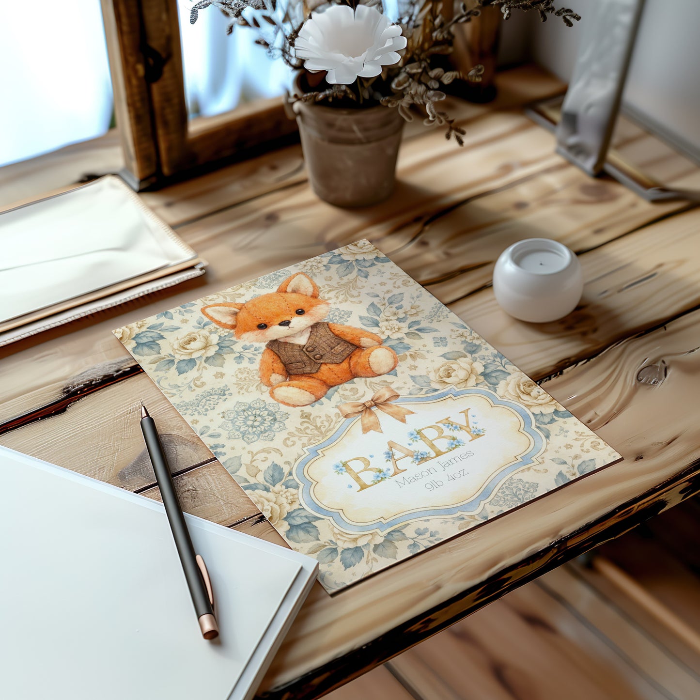 Personalised Baby Fox Card - New Baby Boy