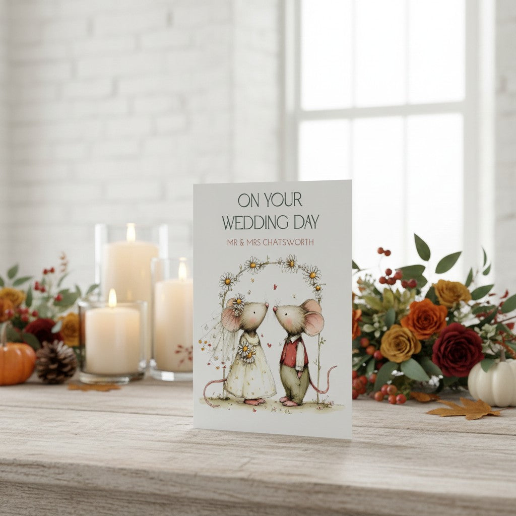 Wedding card with mice illustration on a table with candles and flowers