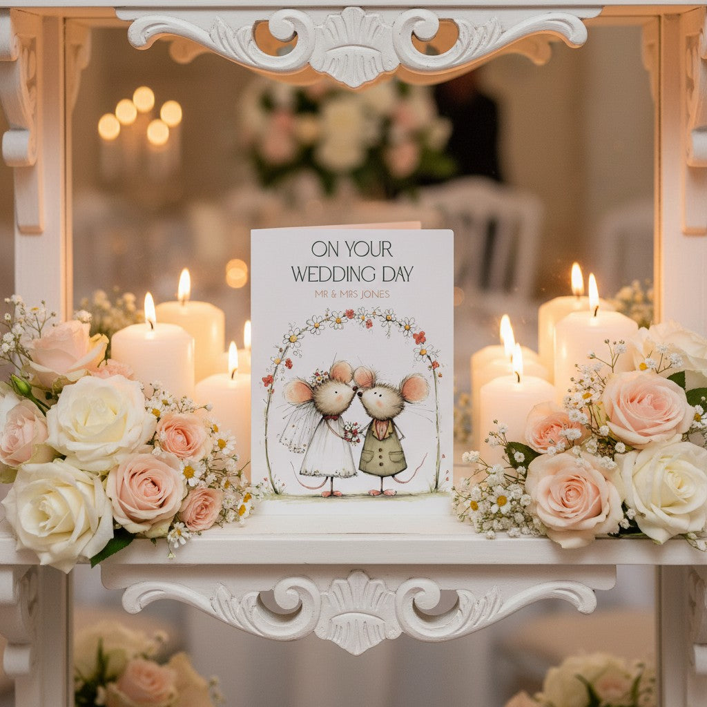 Wedding card with mice illustration between flowers and candles on a decorative table.