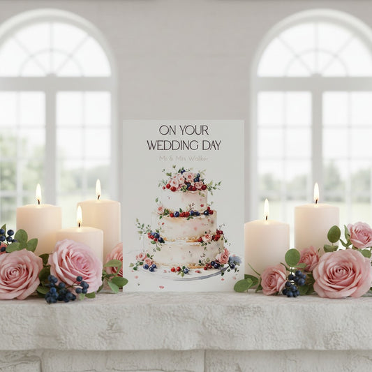 Wedding card with candles and flowers on a marble surface