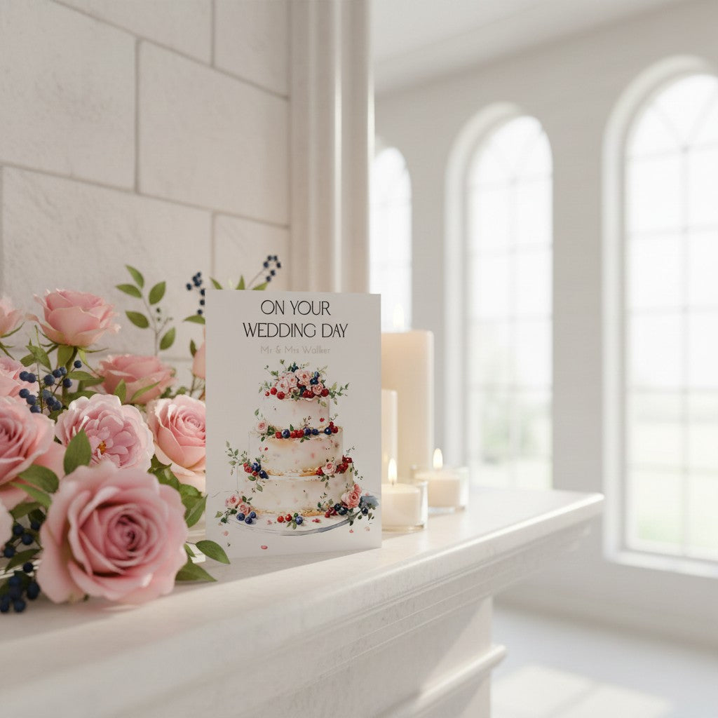 Card with wedding cake illustration and flowers on a table with pink roses.