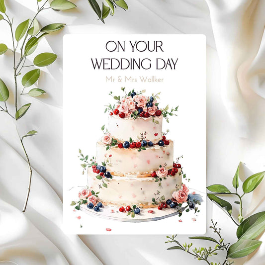 Wedding card with a decorated cake and 'On Your Wedding Day' text on a white background with green leaves.