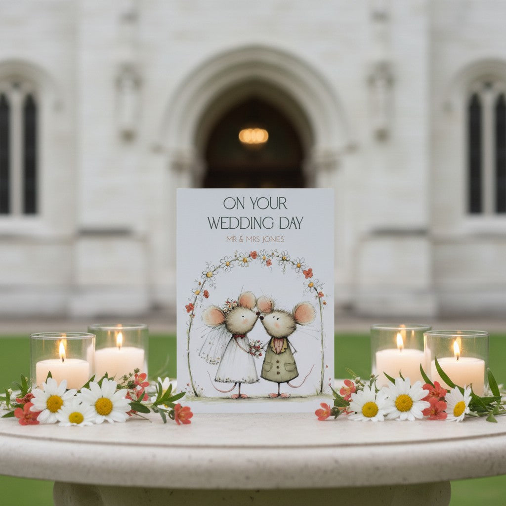 Wedding card with cartoon mice holding hands and flowers, surrounded by candles and flowers on a table outdoors.