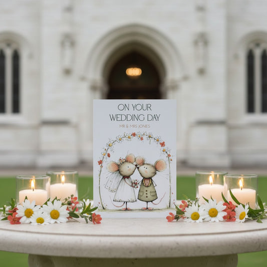 Wedding card with cartoon mice holding hands and flowers, surrounded by candles and flowers on a table outdoors.