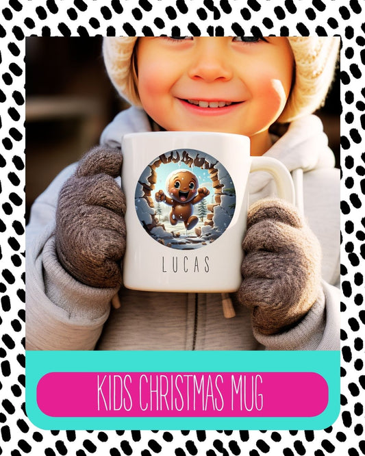 A child holding a personalised Christmas themed coffee mug with the name 'LUCAS' on it.
