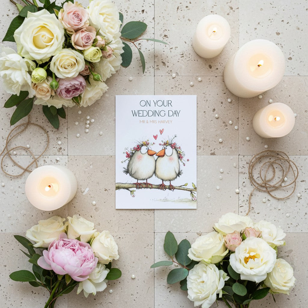 Wedding-themed arrangement with flowers, candles, and a wedding card on a light background