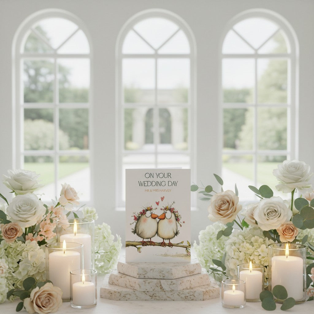 Decorative setup with candles, flowers, and a wedding card titled 'On Your Wedding Day' in a bright room with large windows.