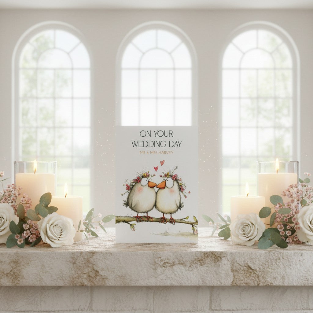 Wedding card with birds and flowers on a decorative table with candles and flowers.