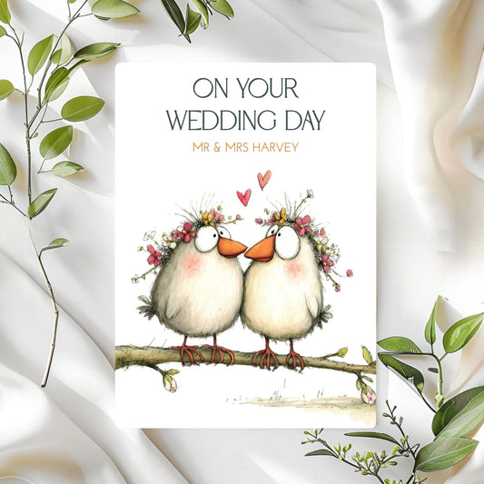 Wedding card with two birds on a branch, surrounded by green leaves on a white fabric background.