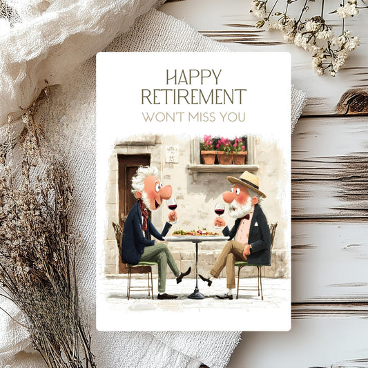 Retirement card with cartoon characters sitting at a table, surrounded by decorative elements.