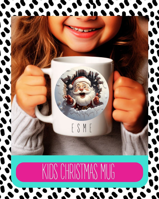A child holding a white ceramic mug with a personalised Santa Claus design, with the text 'Kids Christmas Mug' on the lower part of the image.