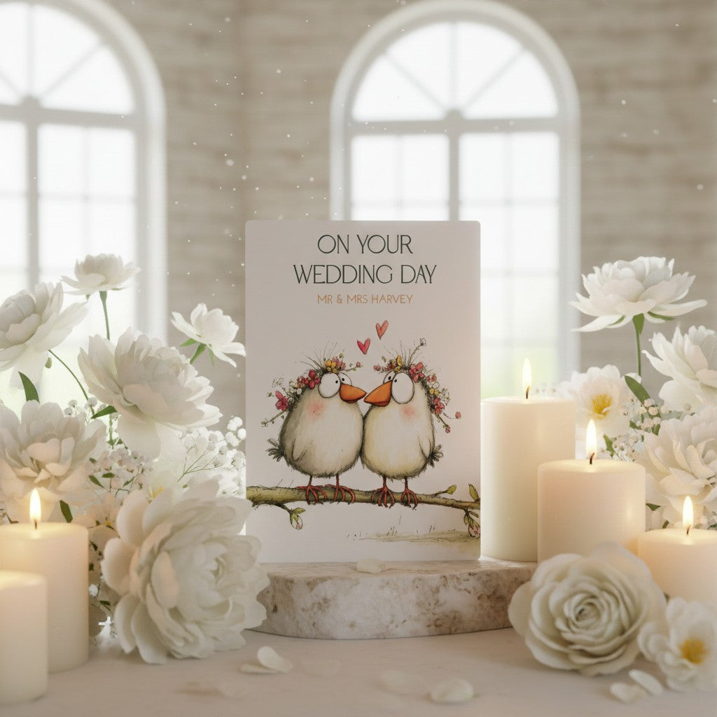 Wedding card with birds and flowers surrounded by candles and flowers in a softly lit room.