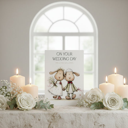 Wedding Card with cartoon sheep on a table with candles and flowers, in front of a window.