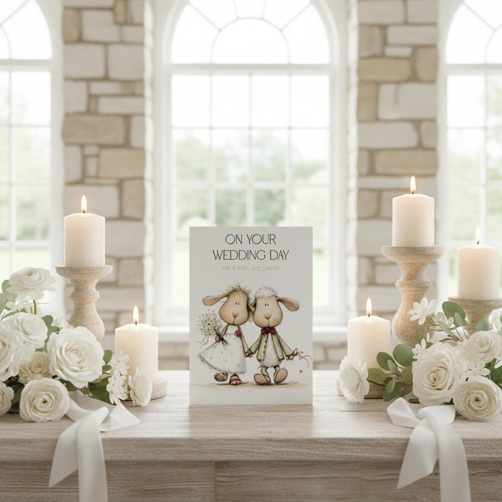 Decorative setup with candles, flowers, and a card on a wooden surface.