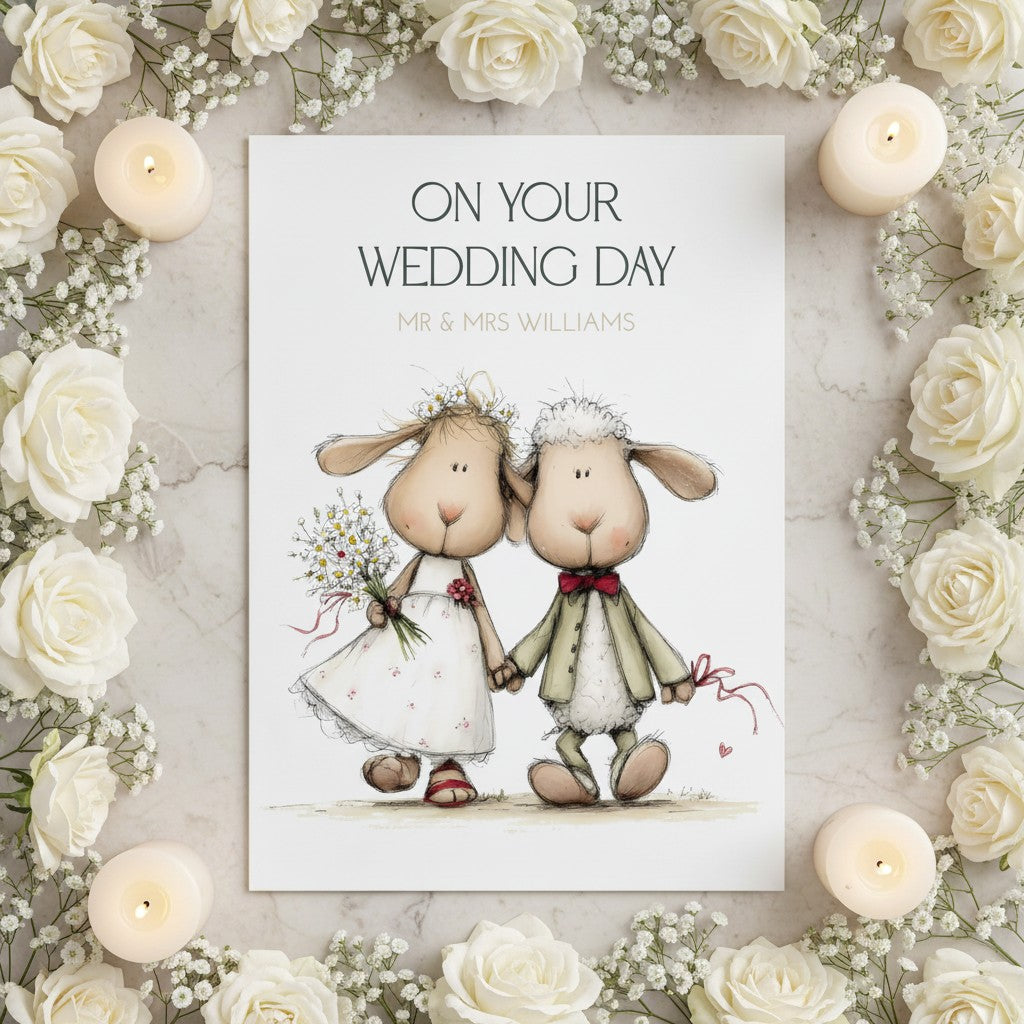 Wedding card with cartoon sheep and floral decorations on a marble background