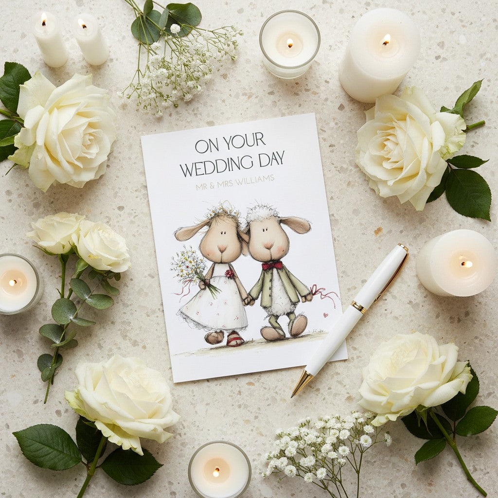 Wedding card with cartoon sheep surrounded by white roses and candles on a textured surface.