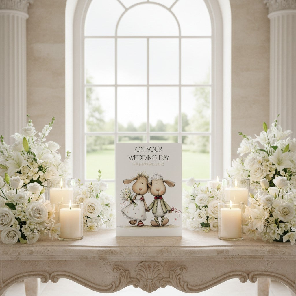 Decorative table setting with flowers, candles, and a 'On Your Wedding Day' card in a bright room.