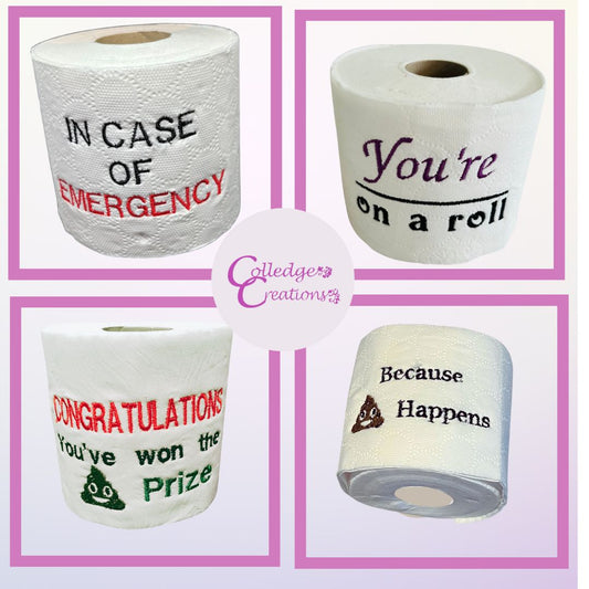 Picture of 4 novelty toilets rolls with slogans, the perfect novelty gift idea