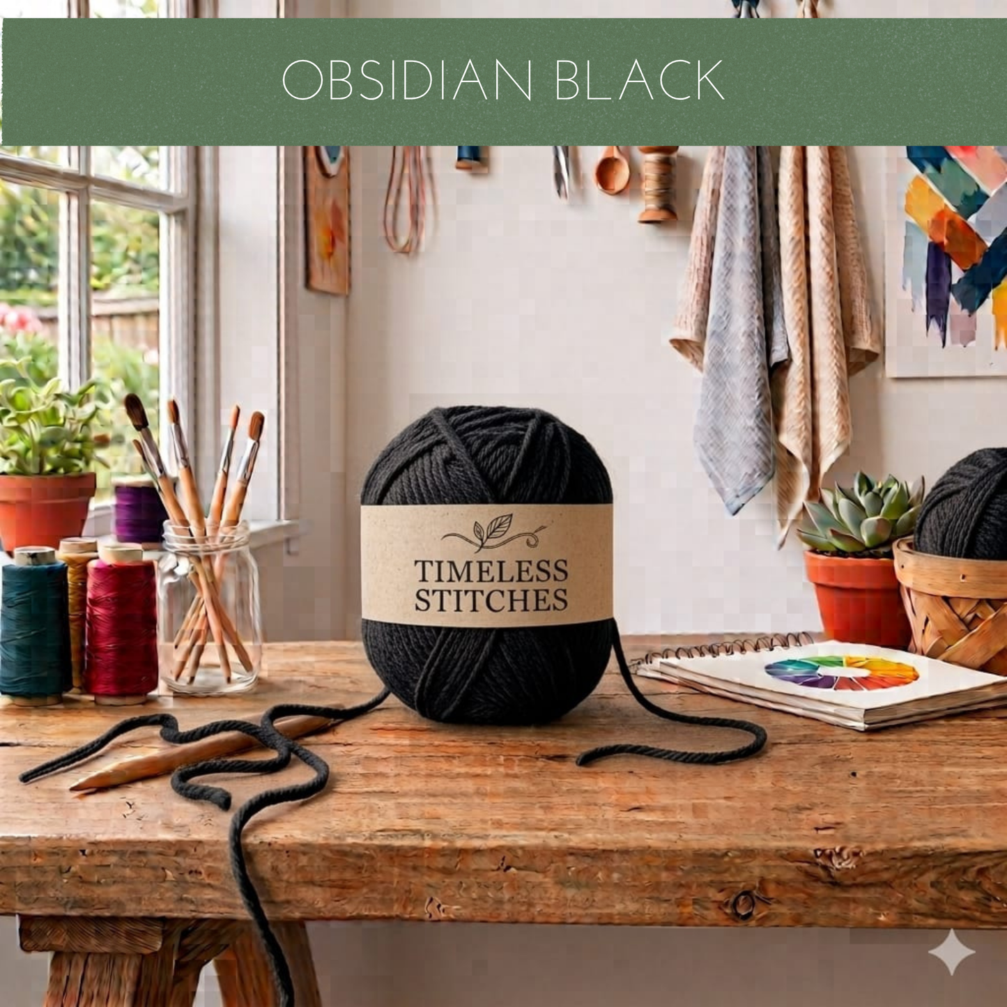 A ball of Obsidian Black yarn sits on a rustic wooden table in a cosy craft room setting, with knitting needles, paintbrushes, and other yarn spools nearby. A green banner at the top reads 'OBSIDIAN BLACK'.