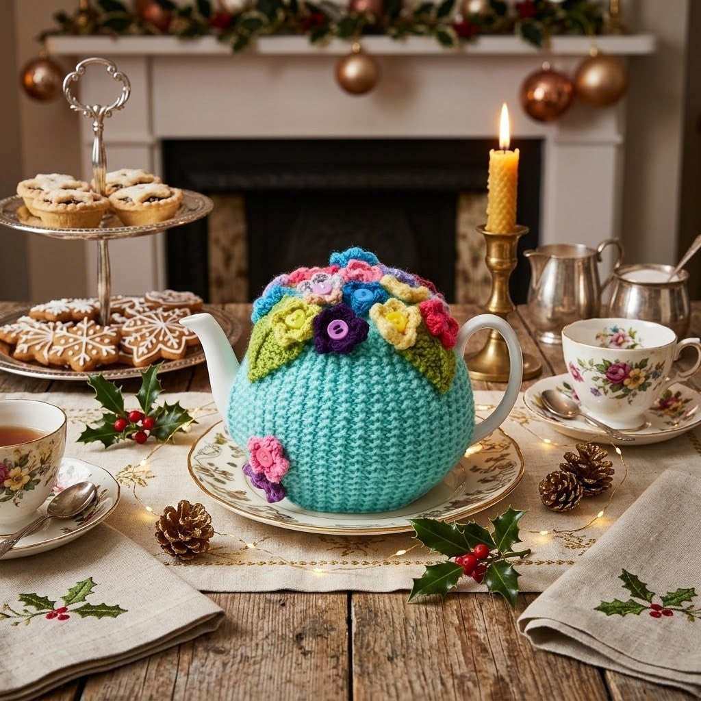 A crocheted turquoise tea towel-style teapot cover with colourful floral embroidery and a white handle, displayed on a decorated holiday table with teacups, cookies, candles, and a fireplace in the background.